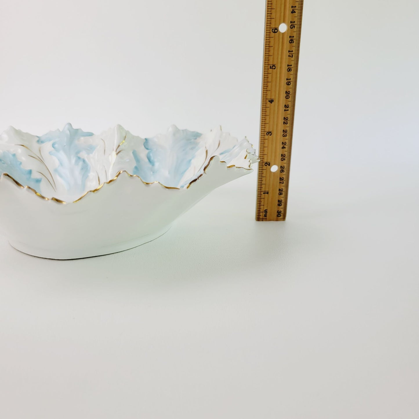 Antique RS Prussia Heart Shaped Blue & White Bowl, Gilded Gold Embossed Floral & Leaves, Mold #0M5, c.1890s