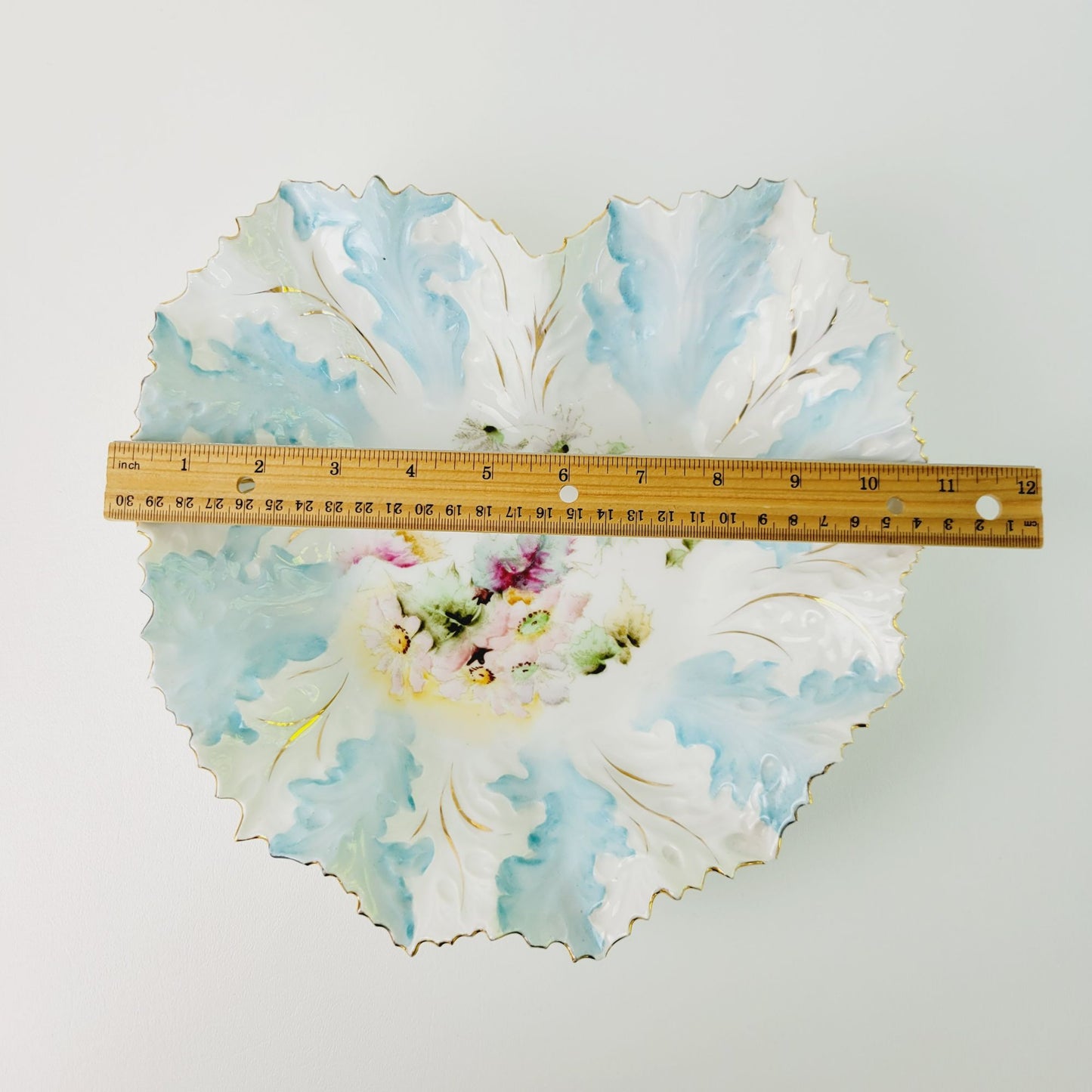 Antique RS Prussia Heart Shaped Blue & White Bowl, Gilded Gold Embossed Floral & Leaves, Mold #0M5, c.1890s