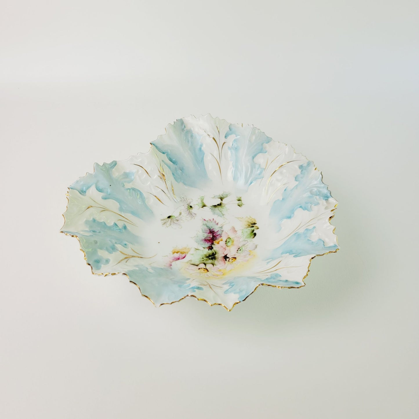 Antique RS Prussia Heart Shaped Blue & White Bowl, Gilded Gold Embossed Floral & Leaves, Mold #0M5, c.1890s