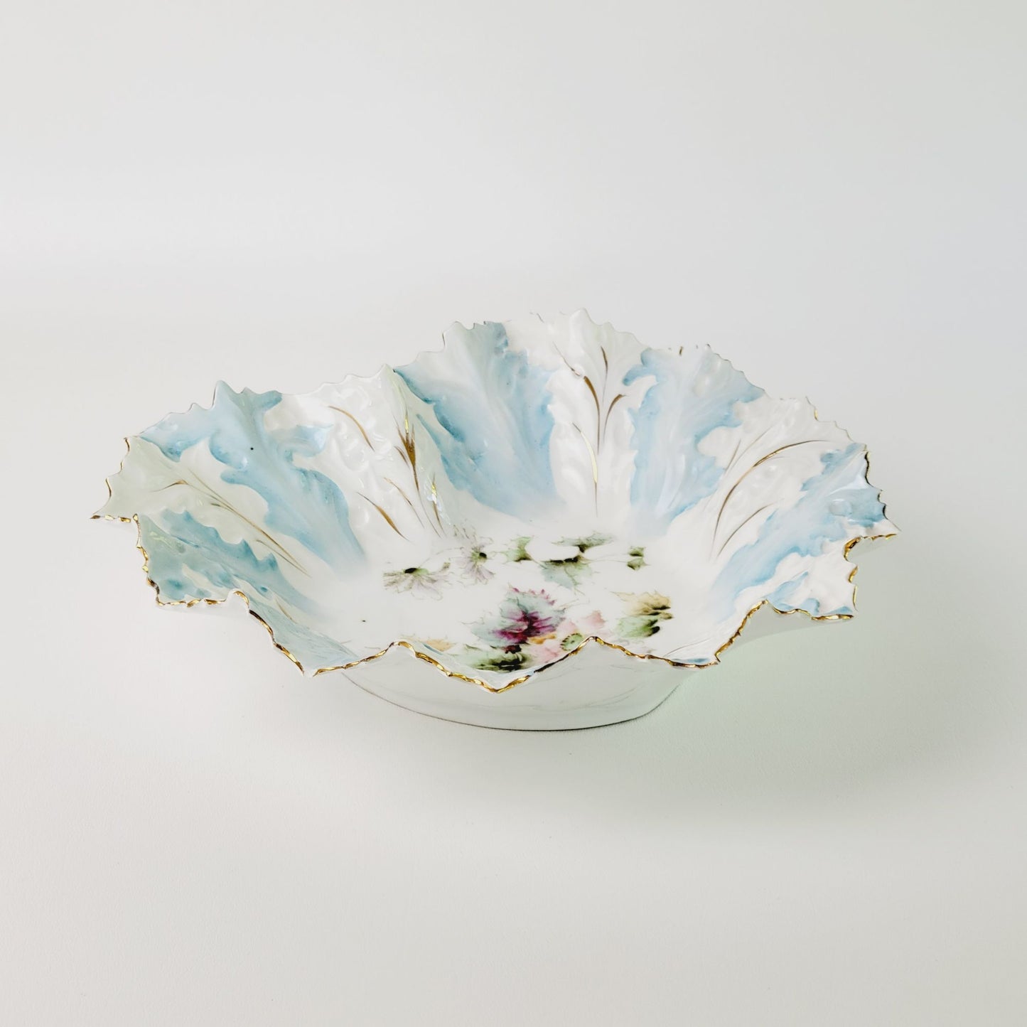 Antique RS Prussia Heart Shaped Blue & White Bowl, Gilded Gold Embossed Floral & Leaves, Mold #0M5, c.1890s