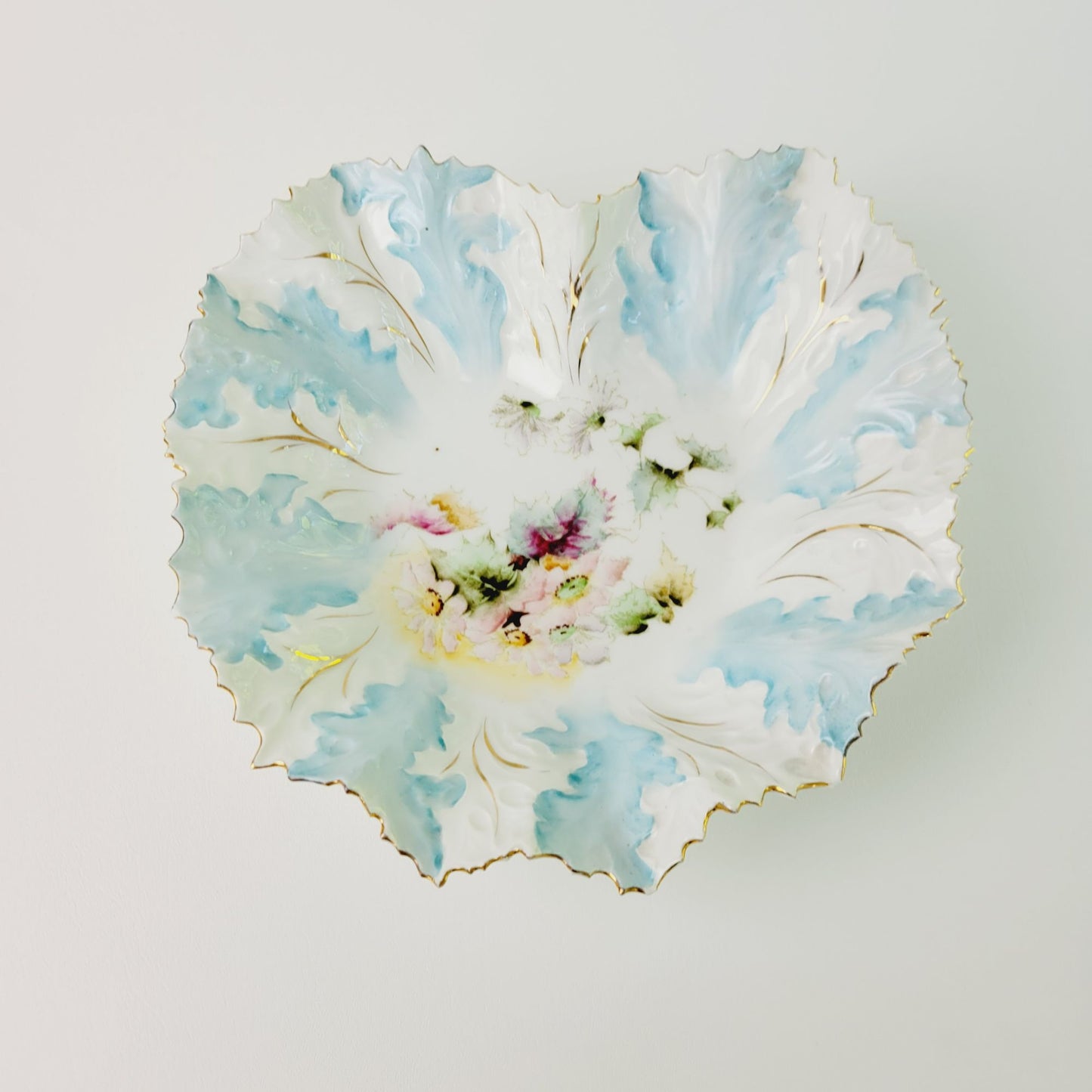 Antique RS Prussia Heart Shaped Blue & White Bowl, Gilded Gold Embossed Floral & Leaves, Mold #0M5, c.1890s