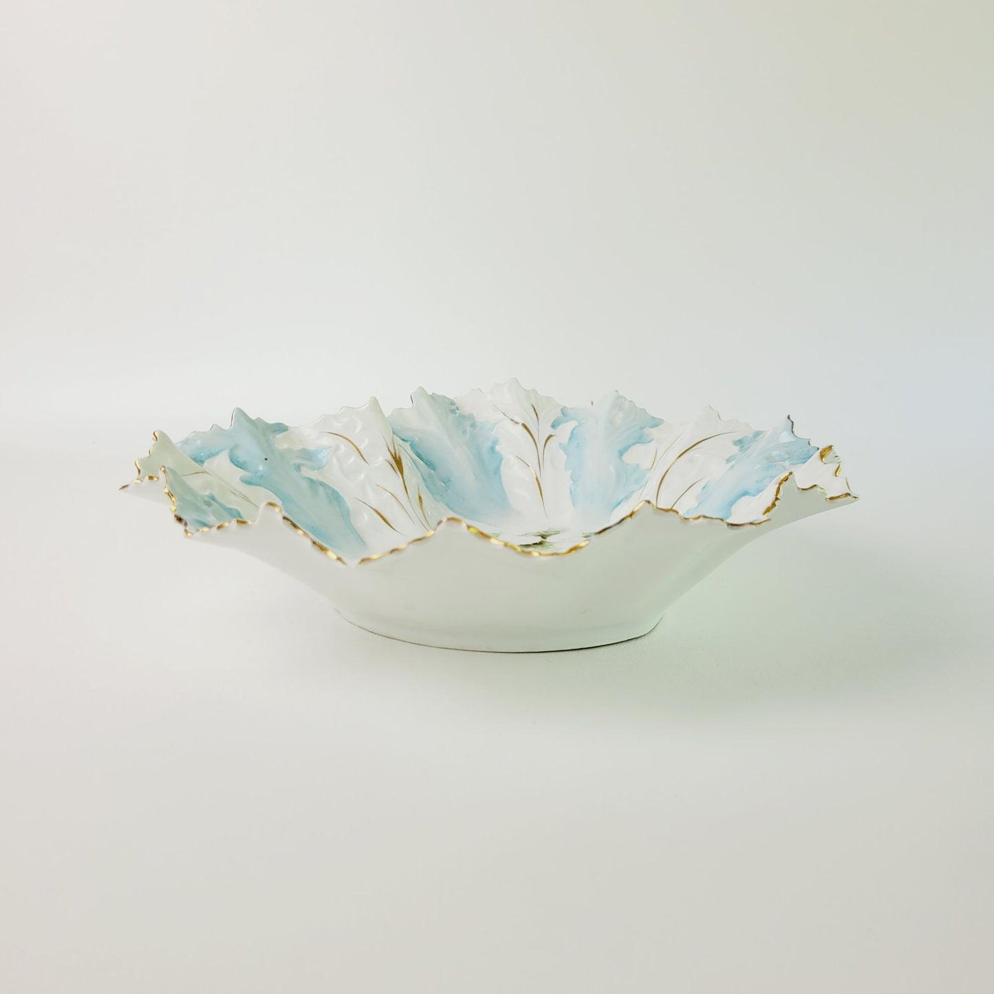 Antique RS Prussia Heart Shaped Blue & White Bowl, Gilded Gold Embossed Floral & Leaves, Mold #0M5, c.1890s