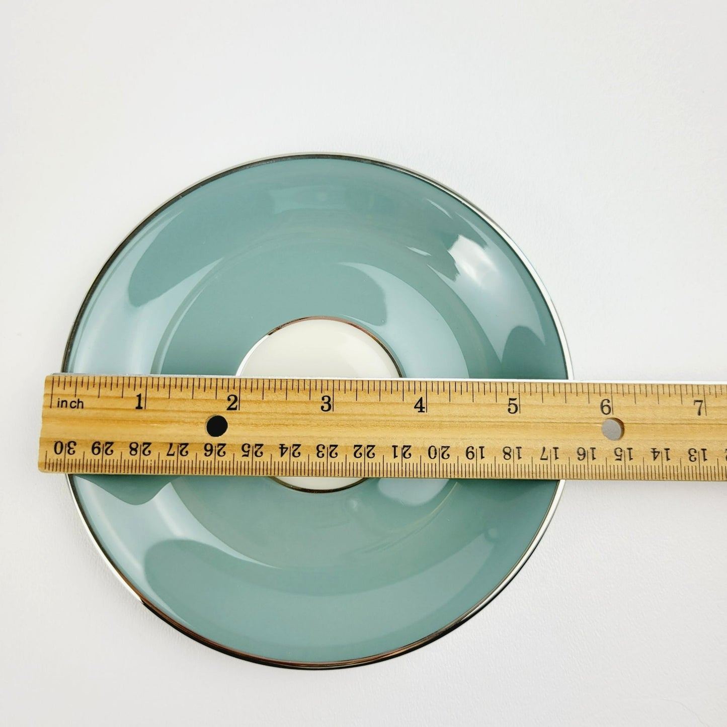 Lenox Kingsley Teacup & Saucer, Teal Band & Platinum Trim, Floral Center, c1954-79 USA