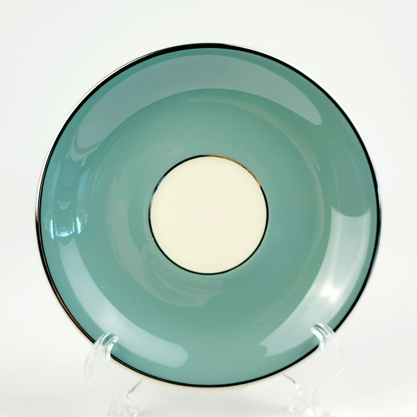 Lenox Kingsley Teacup & Saucer, Teal Band & Platinum Trim, Floral Center, c1954-79 USA