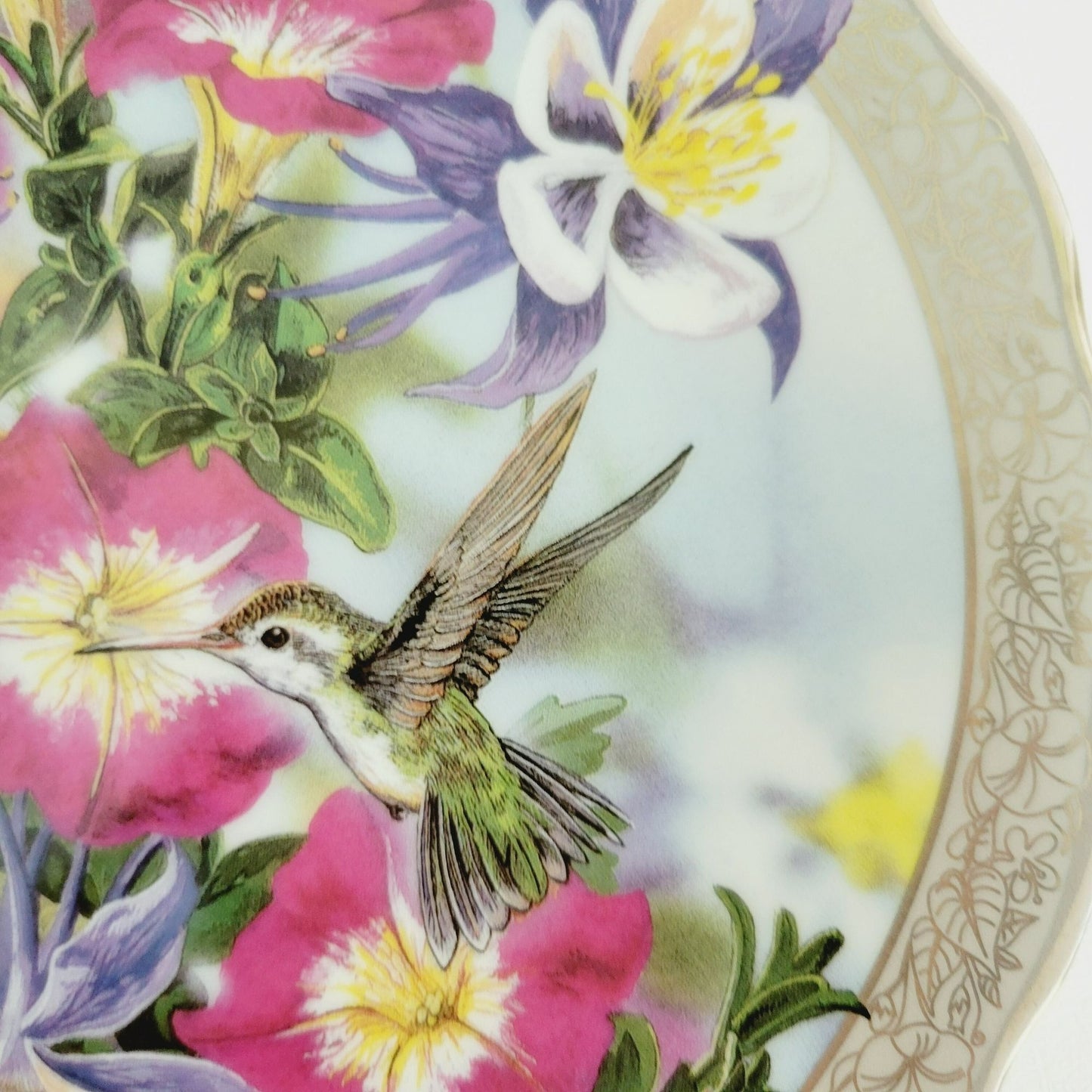 Bradford Exchange Hummingbird Silver Edge Plate, Perfect Harmony Whispering Wings Collection, c.1996 by Janene Grende,