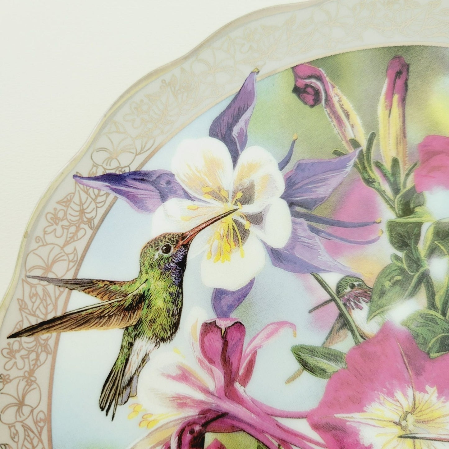 Bradford Exchange Hummingbird Silver Edge Plate, Perfect Harmony Whispering Wings Collection, c.1996 by Janene Grende,