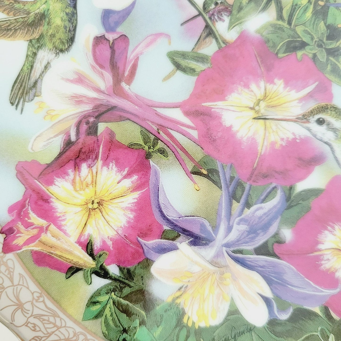 Bradford Exchange Hummingbird Silver Edge Plate, Perfect Harmony Whispering Wings Collection, c.1996 by Janene Grende,