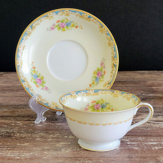 Vintage Japanese Teacup & Saucer, Cream with Blue & Tan Border, Floral Spray, c.1945-48 Rose China Occupied Japan