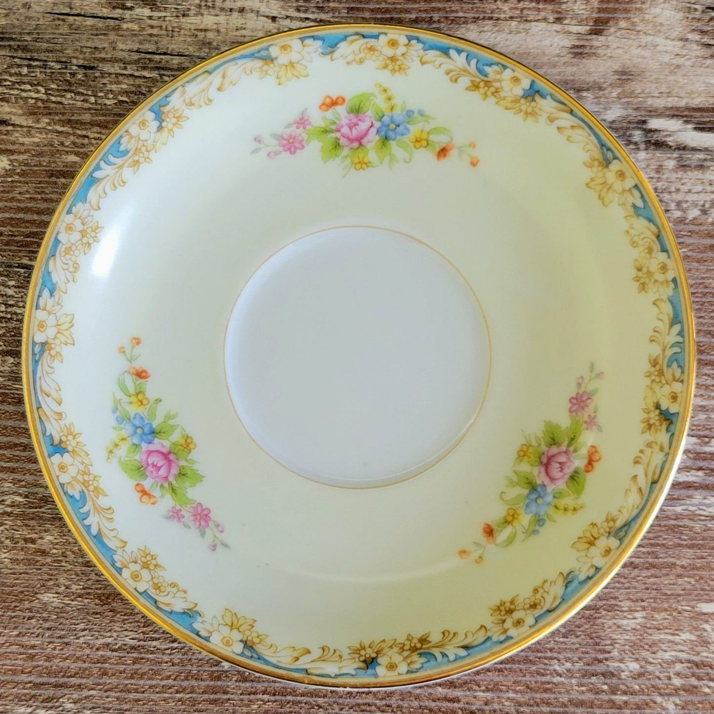Vintage Japanese Teacup & Saucer, Cream with Blue & Tan Border, Floral Spray, c.1945-48 Rose China Occupied Japan