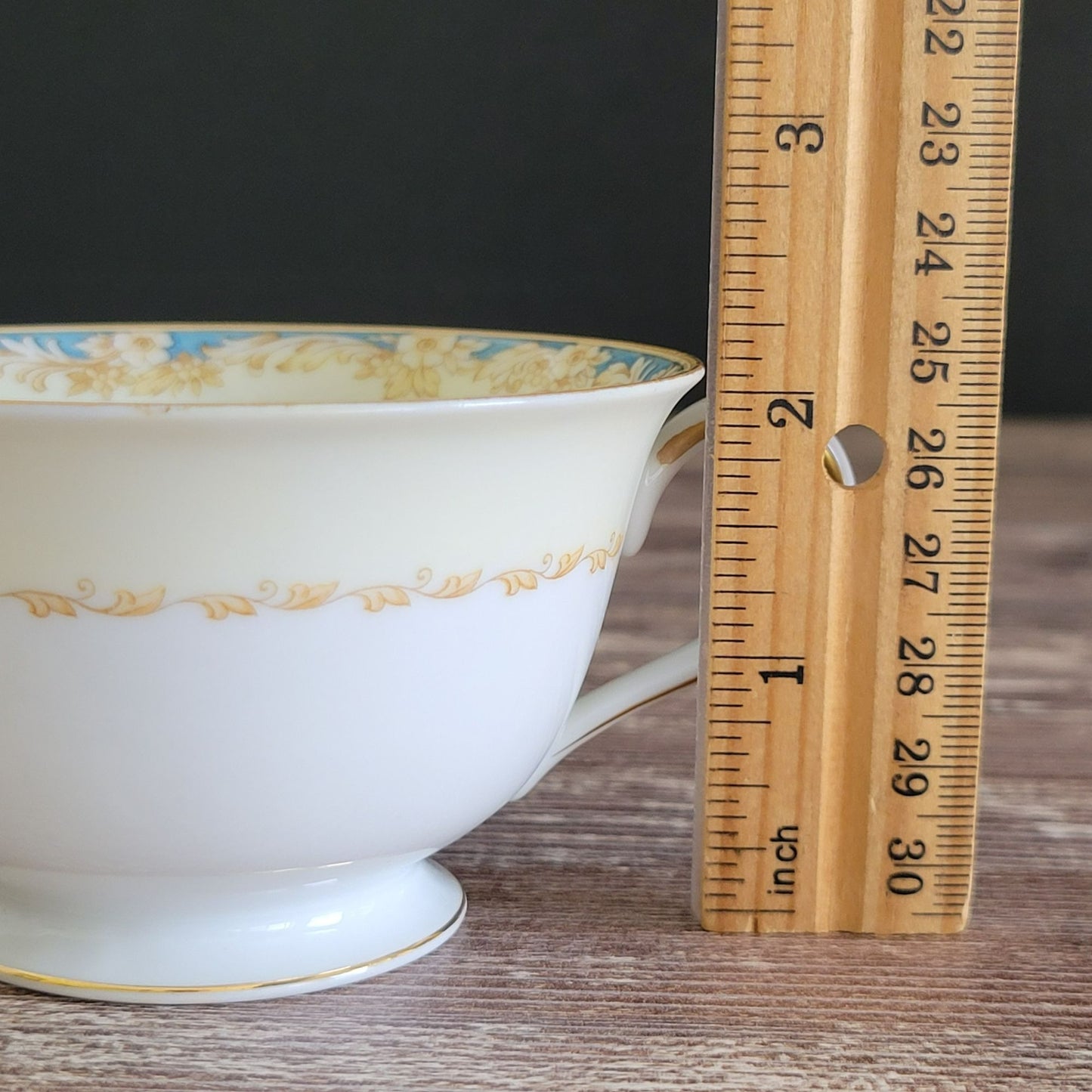 Vintage Japanese Teacup & Saucer, Cream with Blue & Tan Border, Floral Spray, c.1945-48 Rose China Occupied Japan