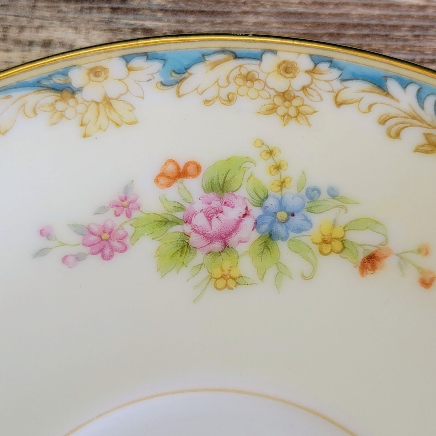 Vintage Japanese Teacup & Saucer, Cream with Blue & Tan Border, Floral Spray, c.1945-48 Rose China Occupied Japan