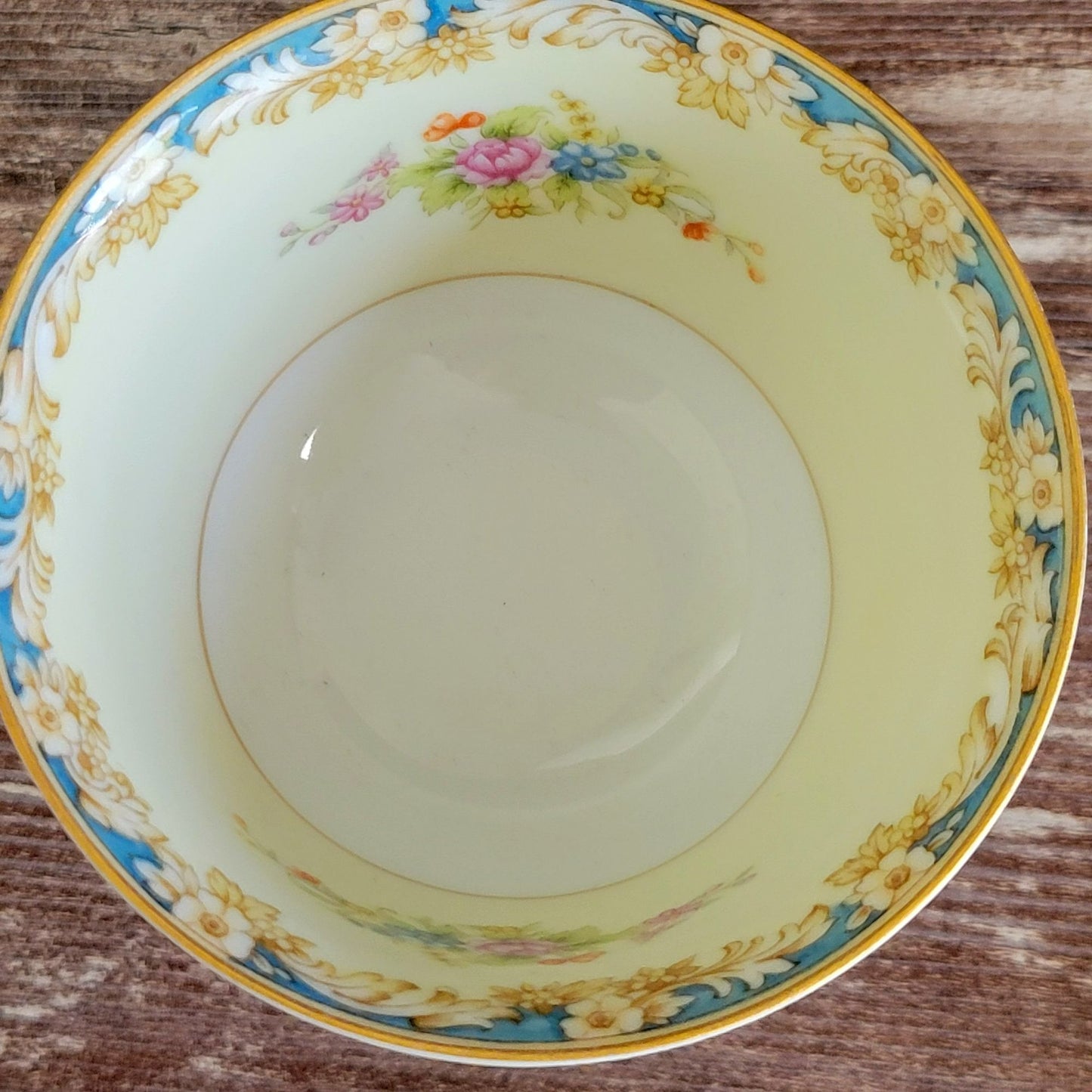 Vintage Japanese Teacup & Saucer, Cream with Blue & Tan Border, Floral Spray, c.1945-48 Rose China Occupied Japan