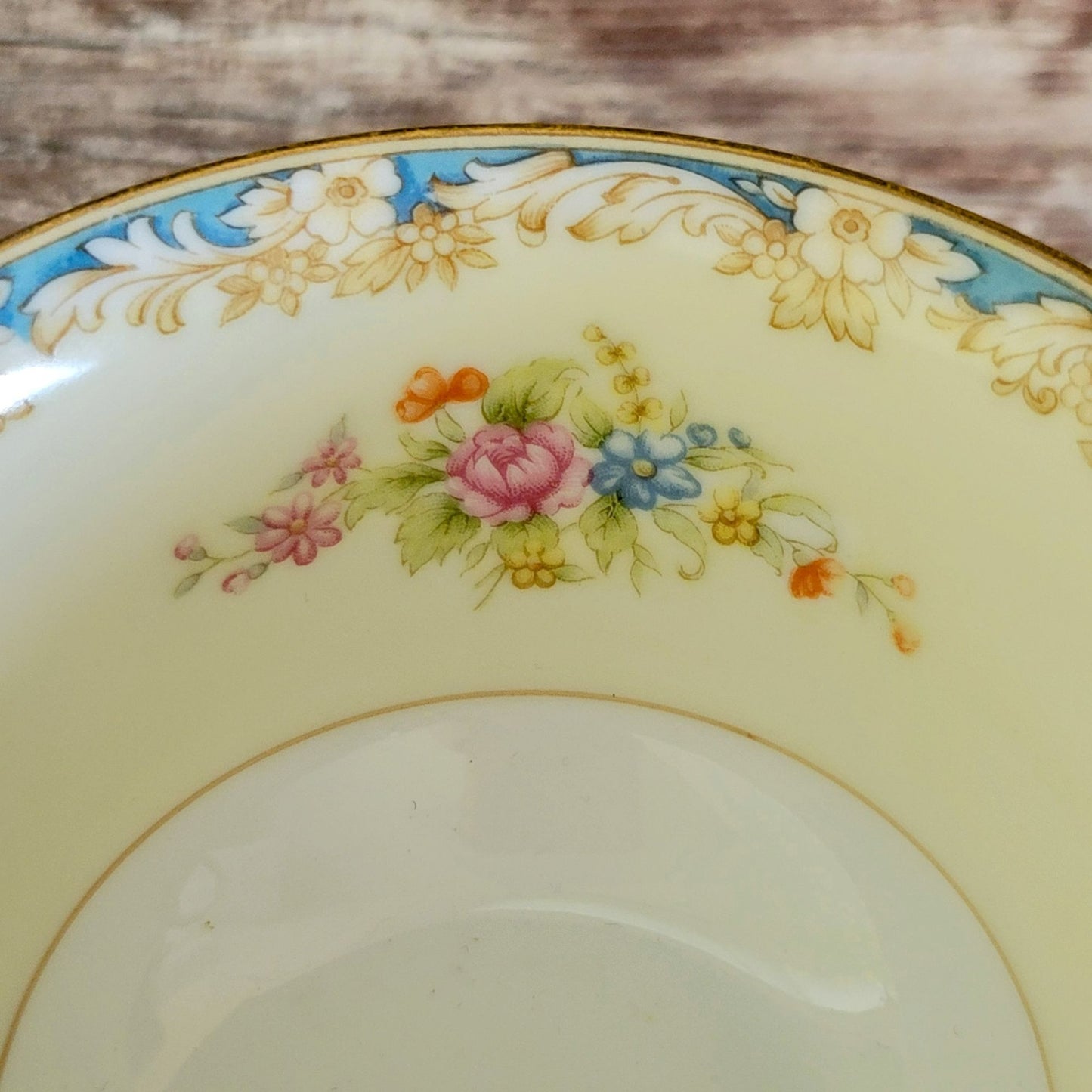 Vintage Japanese Teacup & Saucer, Cream with Blue & Tan Border, Floral Spray, c.1945-48 Rose China Occupied Japan