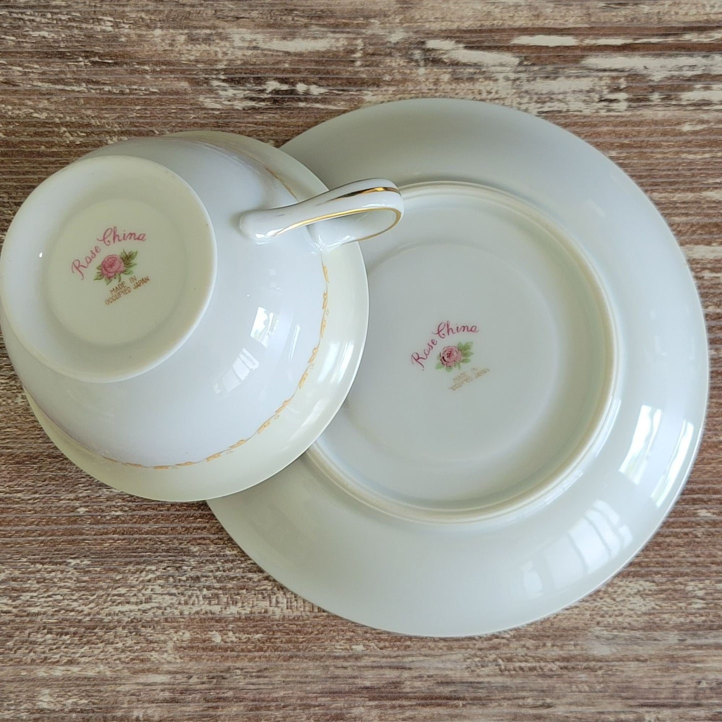 Vintage Japanese Teacup & Saucer, Cream with Blue & Tan Border, Floral Spray, c.1945-48 Rose China Occupied Japan