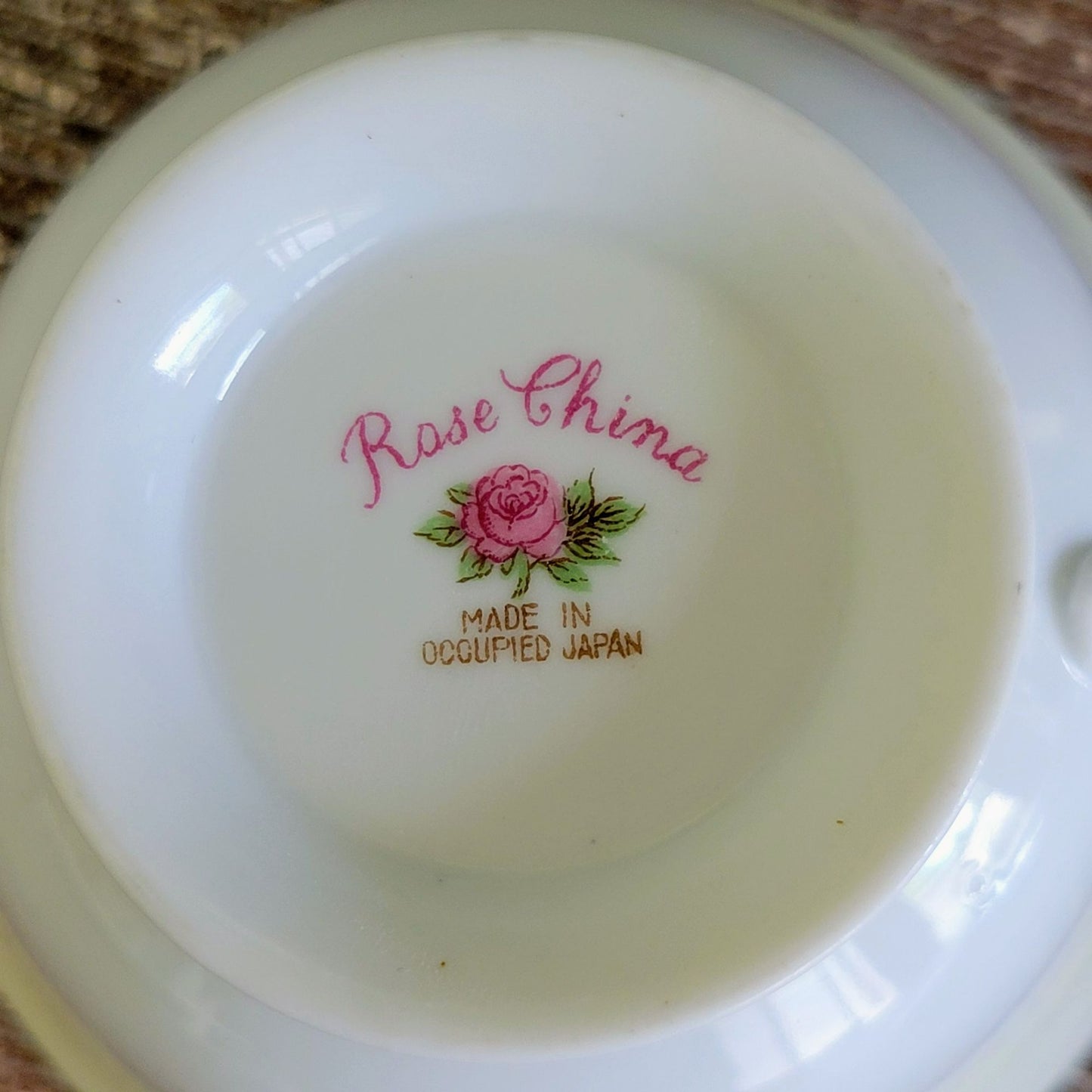 Vintage Japanese Teacup & Saucer, Cream with Blue & Tan Border, Floral Spray, c.1945-48 Rose China Occupied Japan