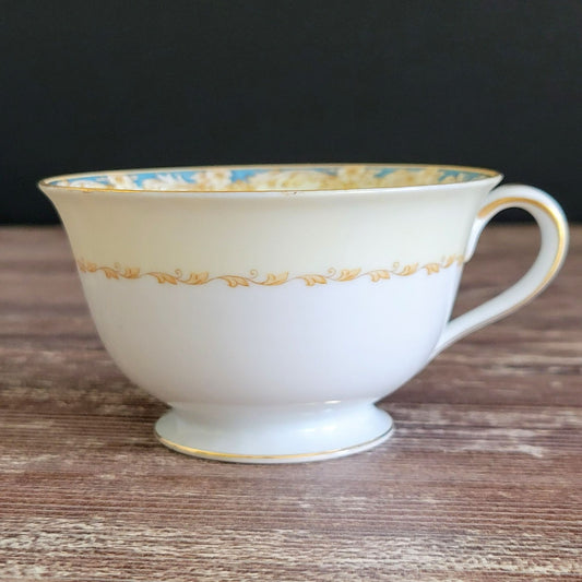 Vintage Japanese Teacup & Saucer, Cream with Blue & Tan Border, Floral Spray, c.1945-48 Rose China Occupied Japan