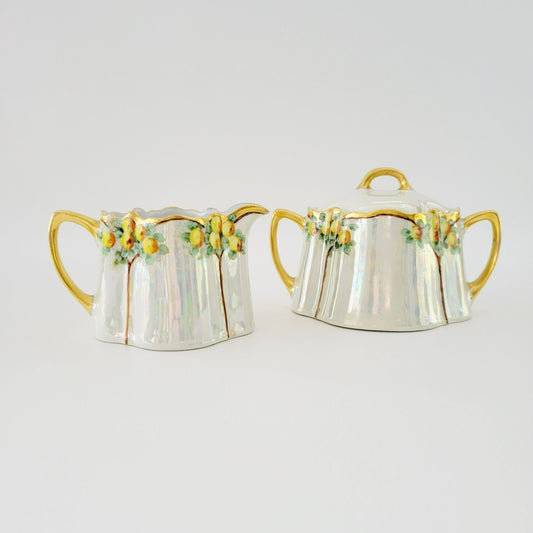 Antique German Iridescent Sugar Bowl & Creamer, Fruit Tree Pattern, Heavy Gold Trim, KPM c.1914 Germany