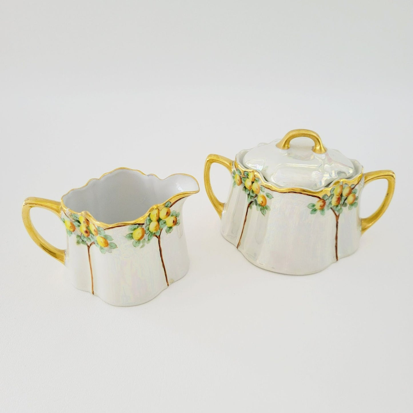 Antique German Iridescent Sugar Bowl & Creamer, Fruit Tree Pattern, Heavy Gold Trim, KPM c.1914 Germany
