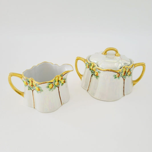 Antique German Iridescent Sugar Bowl & Creamer, Fruit Tree Pattern, Heavy Gold Trim, KPM c.1914 Germany