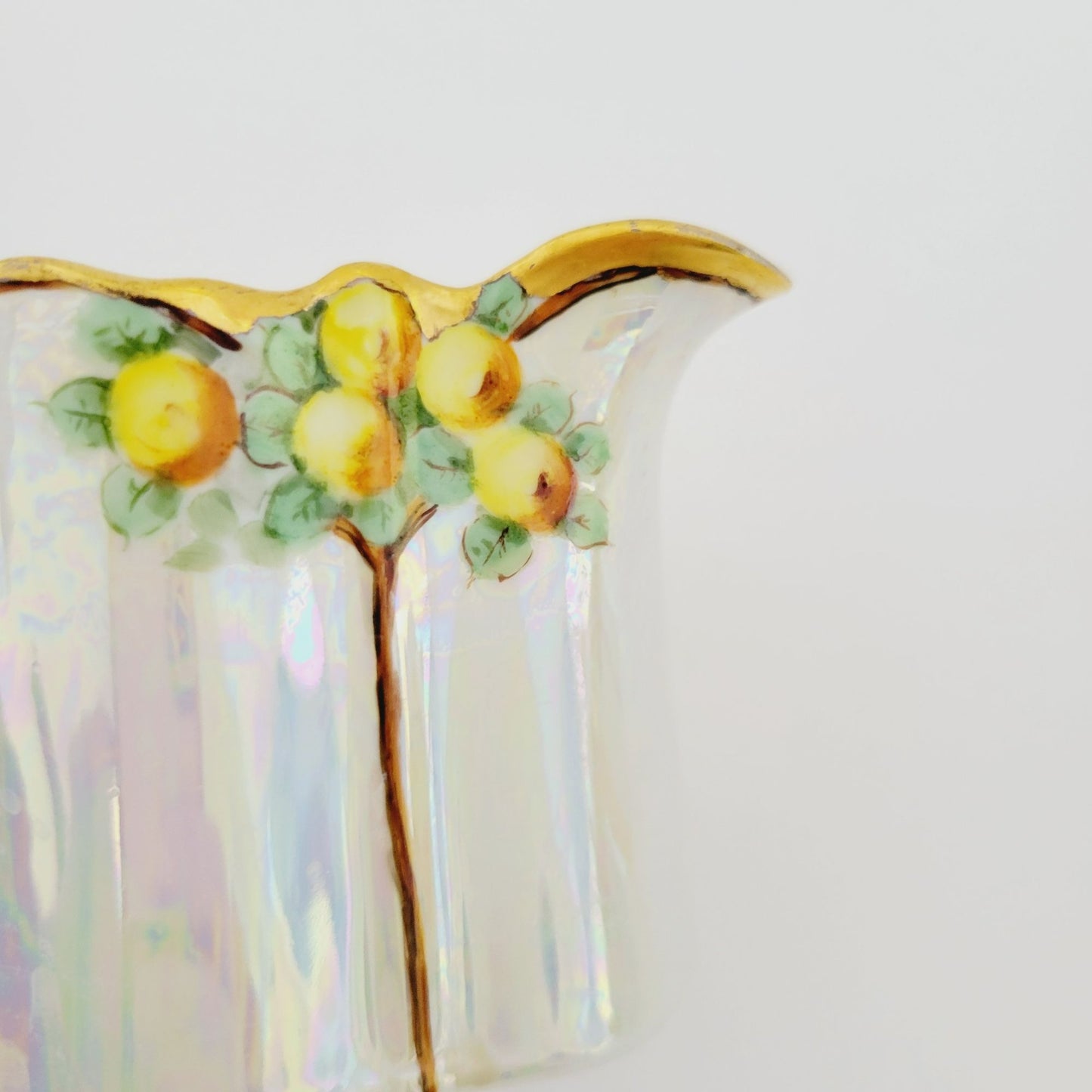 Antique German Iridescent Sugar Bowl & Creamer, Fruit Tree Pattern, Heavy Gold Trim, KPM c.1914 Germany