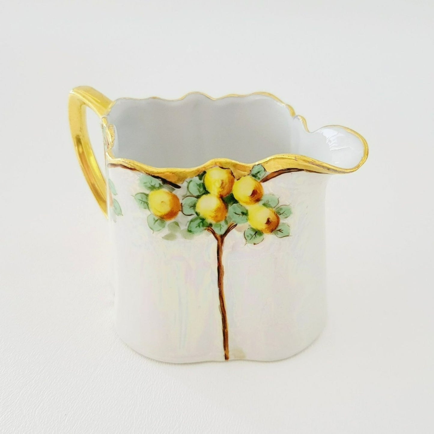 Antique German Iridescent Sugar Bowl & Creamer, Fruit Tree Pattern, Heavy Gold Trim, KPM c.1914 Germany