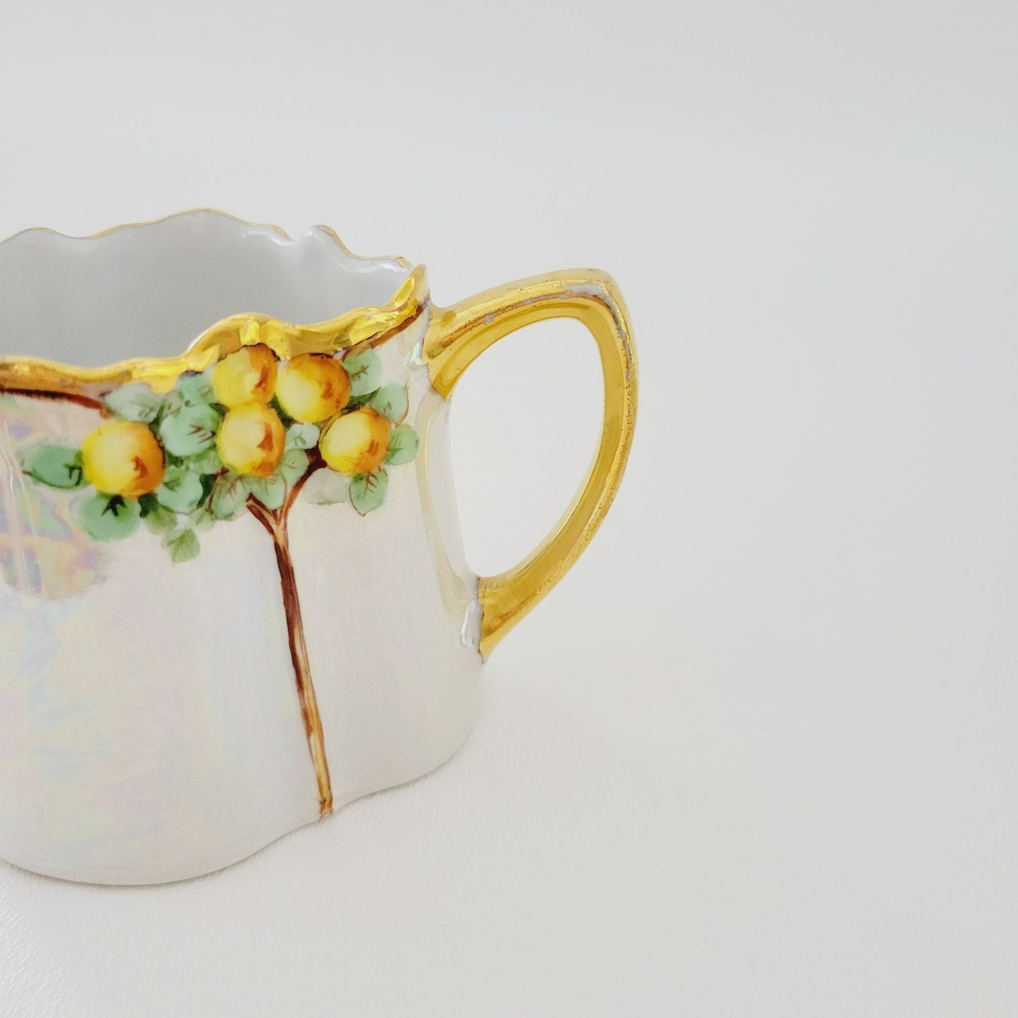 Antique German Iridescent Sugar Bowl & Creamer, Fruit Tree Pattern, Heavy Gold Trim, KPM c.1914 Germany