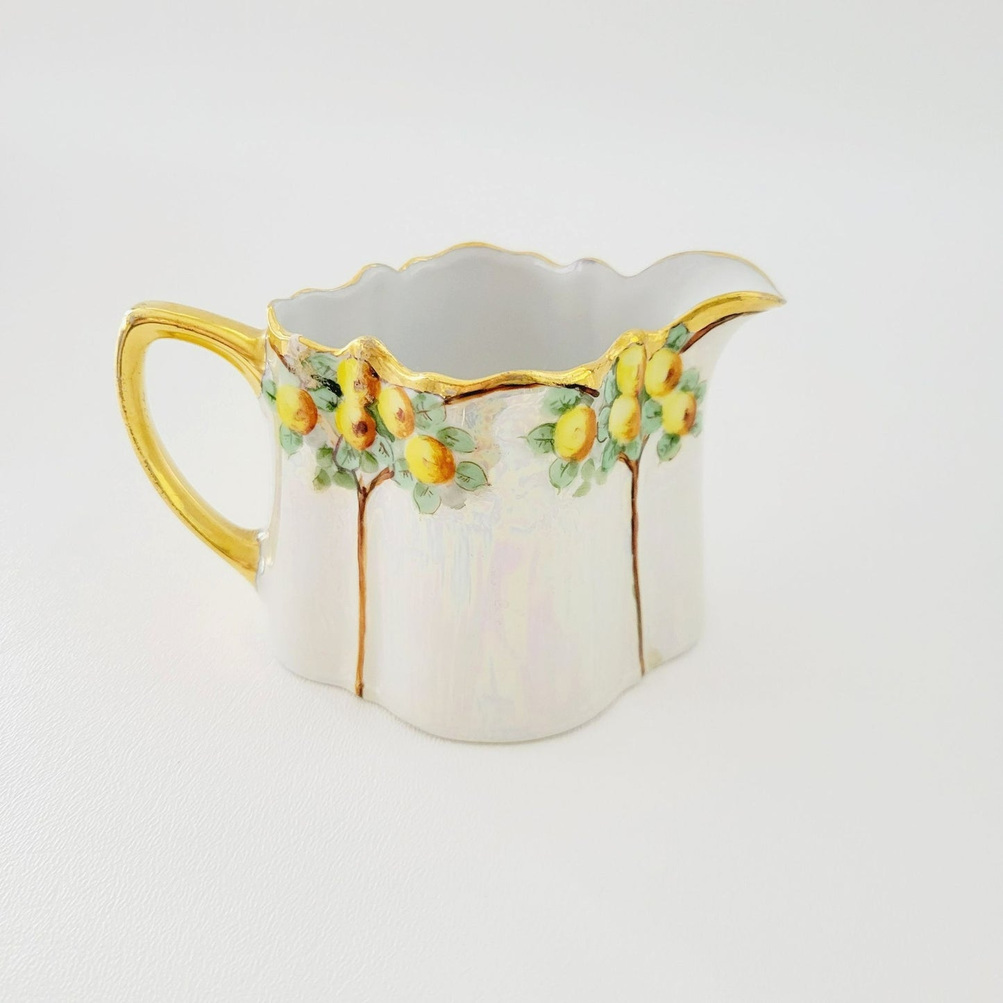 Antique German Iridescent Sugar Bowl & Creamer, Fruit Tree Pattern, Heavy Gold Trim, KPM c.1914 Germany