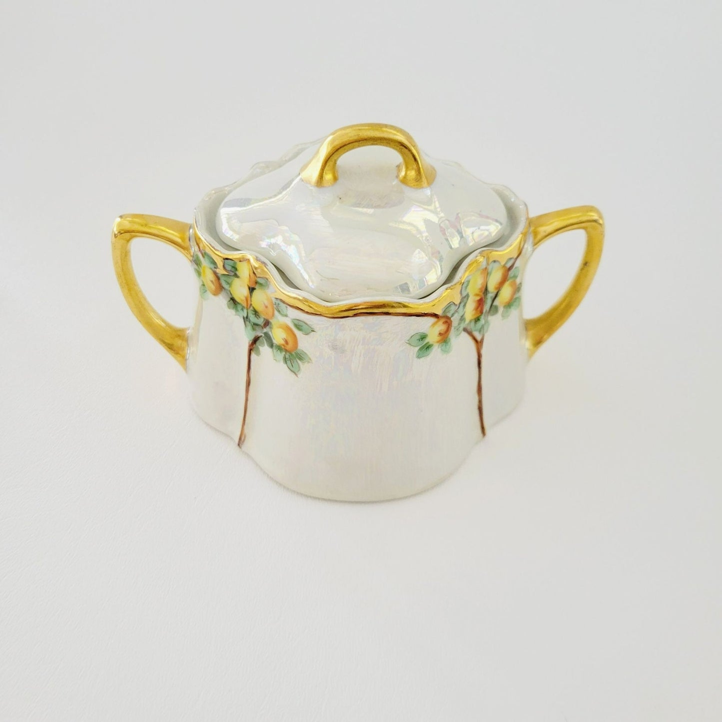 Antique German Iridescent Sugar Bowl & Creamer, Fruit Tree Pattern, Heavy Gold Trim, KPM c.1914 Germany