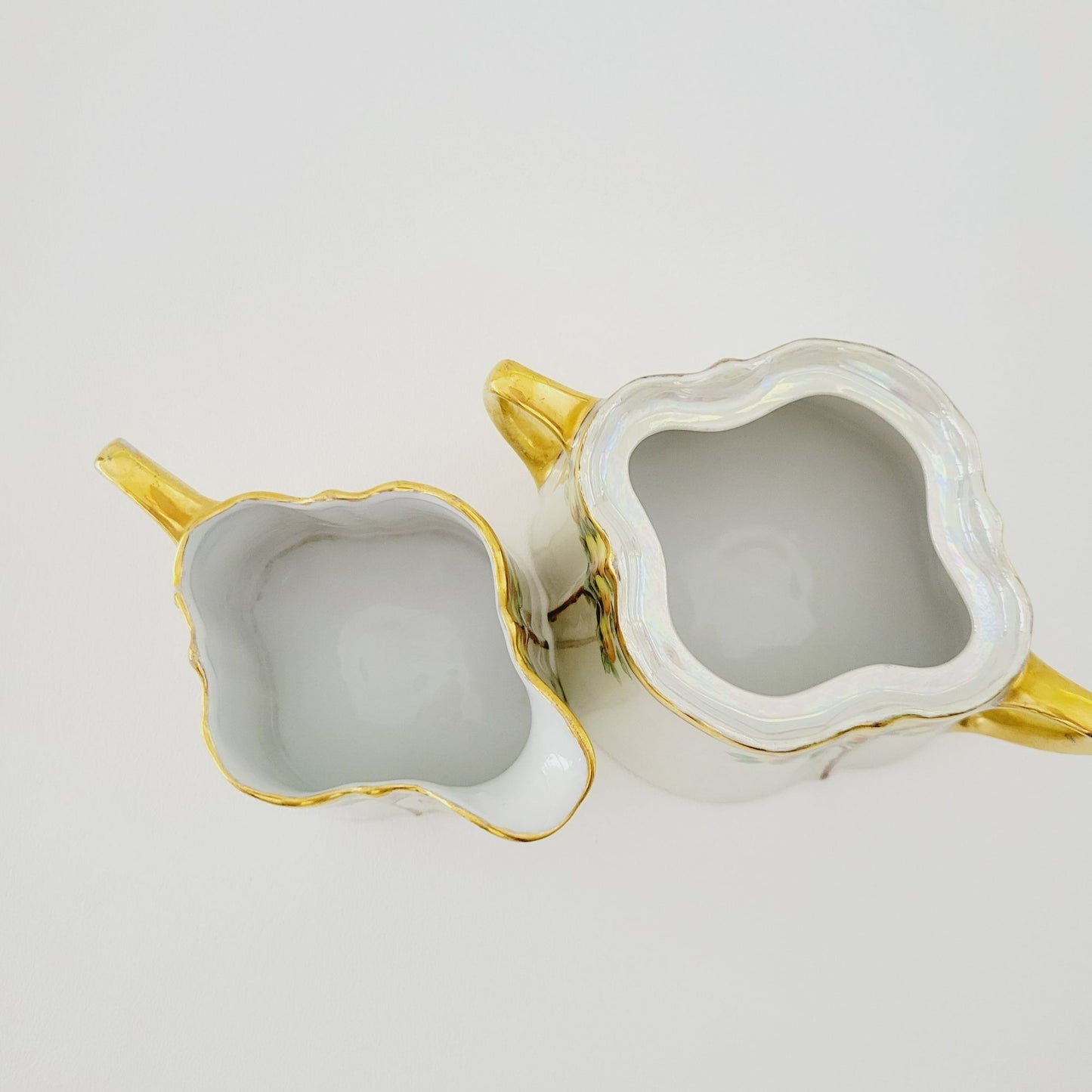 Antique German Iridescent Sugar Bowl & Creamer, Fruit Tree Pattern, Heavy Gold Trim, KPM c.1914 Germany
