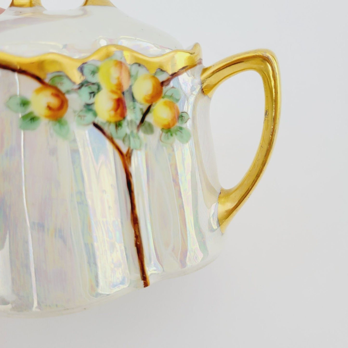 Antique German Iridescent Sugar Bowl & Creamer, Fruit Tree Pattern, Heavy Gold Trim, KPM c.1914 Germany