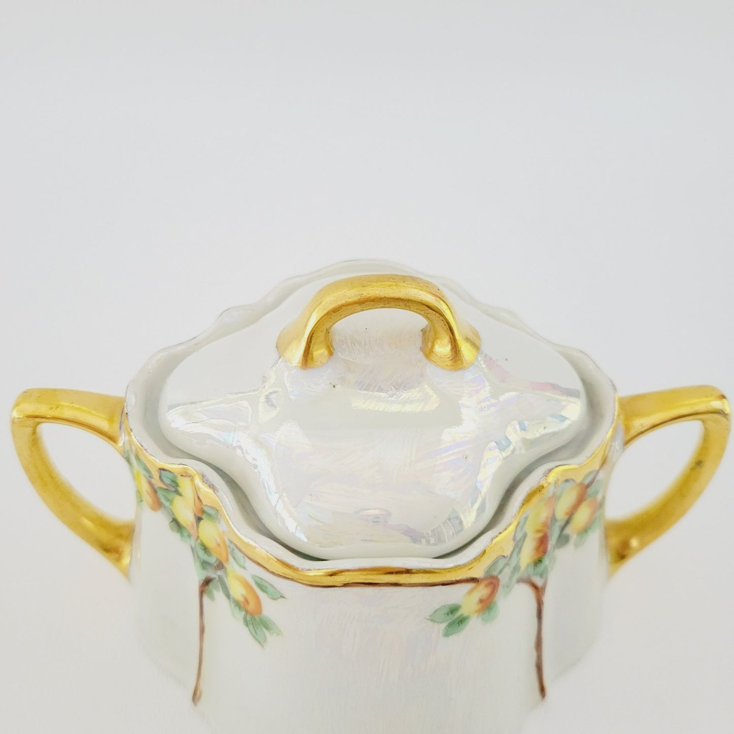 Antique German Iridescent Sugar Bowl & Creamer, Fruit Tree Pattern, Heavy Gold Trim, KPM c.1914 Germany