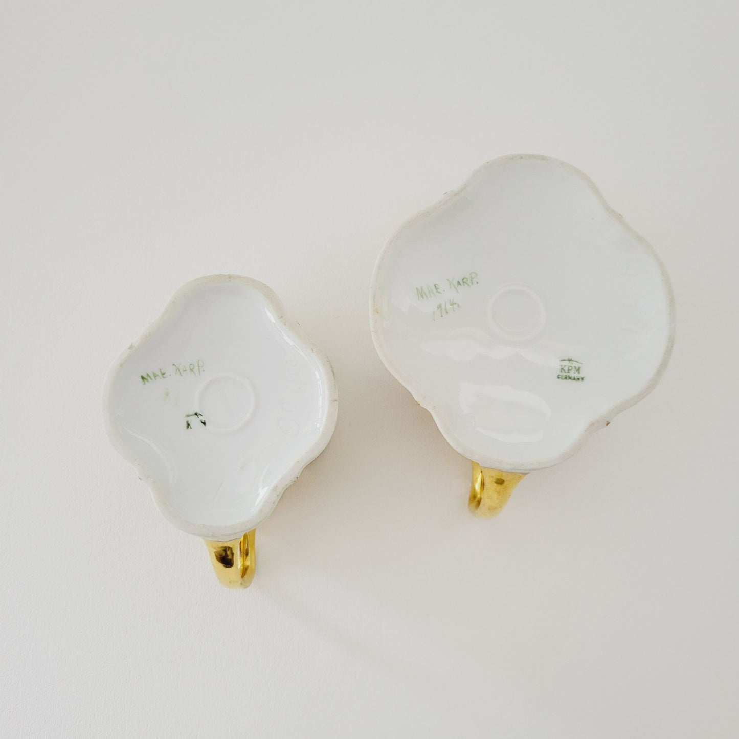Antique German Iridescent Sugar Bowl & Creamer, Fruit Tree Pattern, Heavy Gold Trim, KPM c.1914 Germany