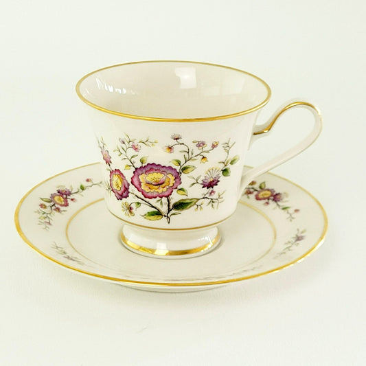 Noritake Asian Song Tea Cup & Saucer Set, Cream with Floral Design & Gold Trim, c.1972-86 Japan