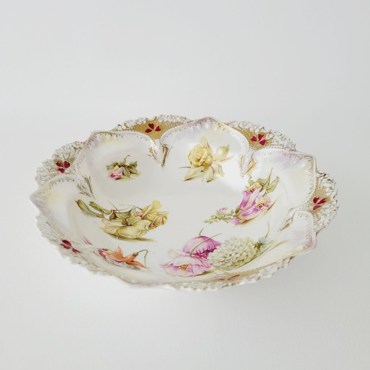 Antique White RS Prussia Floral Bowl with Satin Finish, Yellow Daffodils & Roses, Fuchsia and White Hydrangea