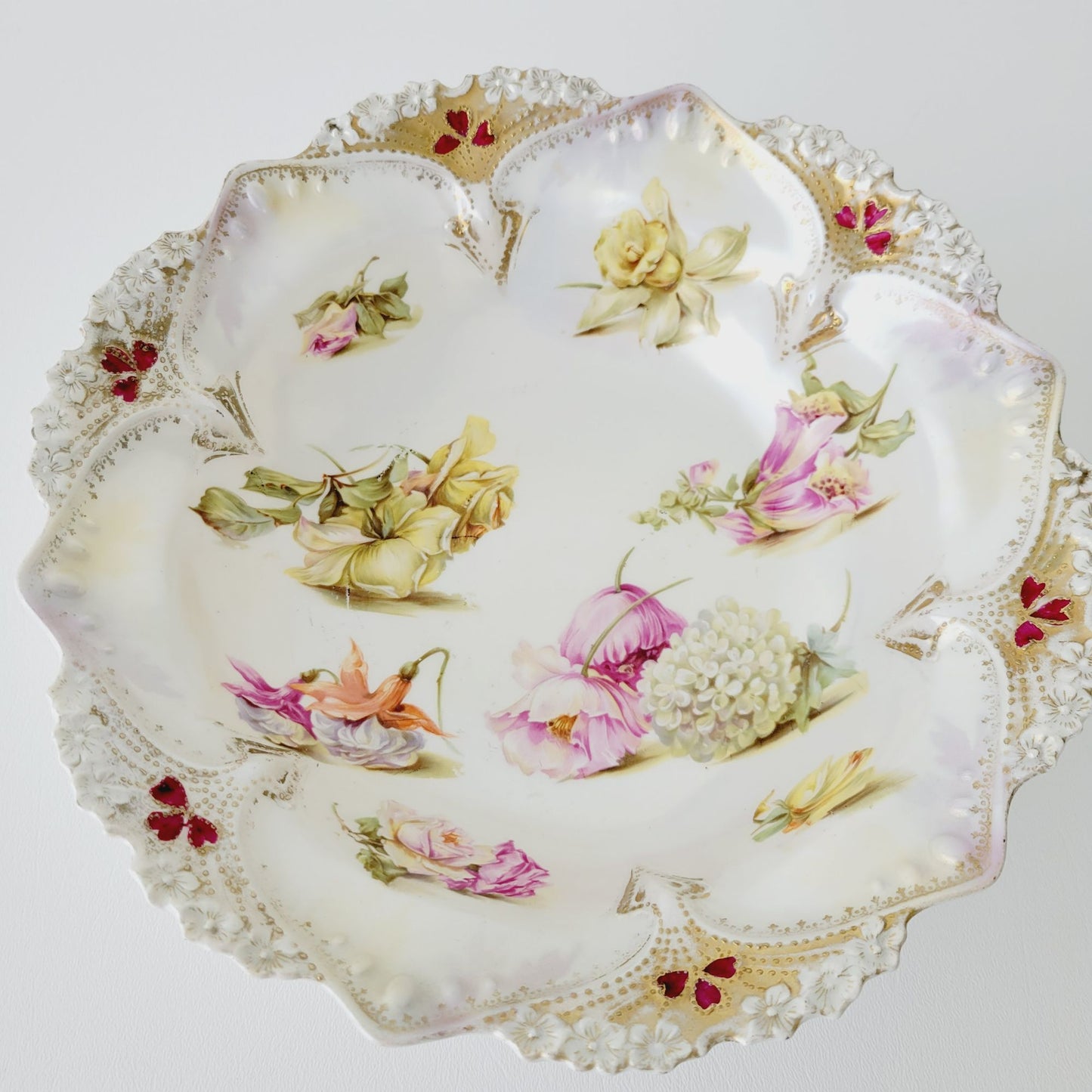 Antique White RS Prussia Floral Bowl with Satin Finish, Yellow Daffodils & Roses, Fuchsia and White Hydrangea