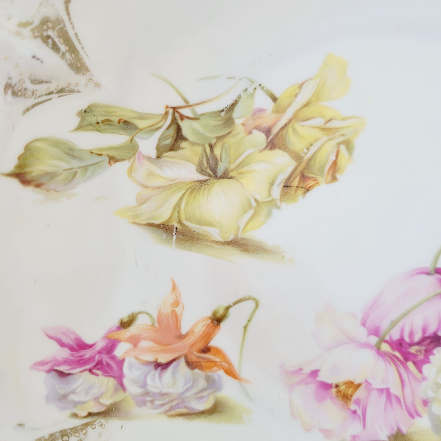 Antique White RS Prussia Floral Bowl with Satin Finish, Yellow Daffodils & Roses, Fuchsia and White Hydrangea