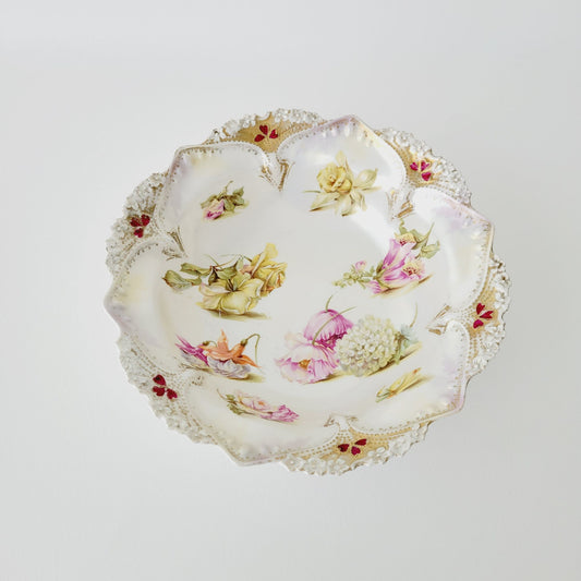 Antique White RS Prussia Floral Bowl with Satin Finish, Yellow Daffodils & Roses, Fuchsia and White Hydrangea