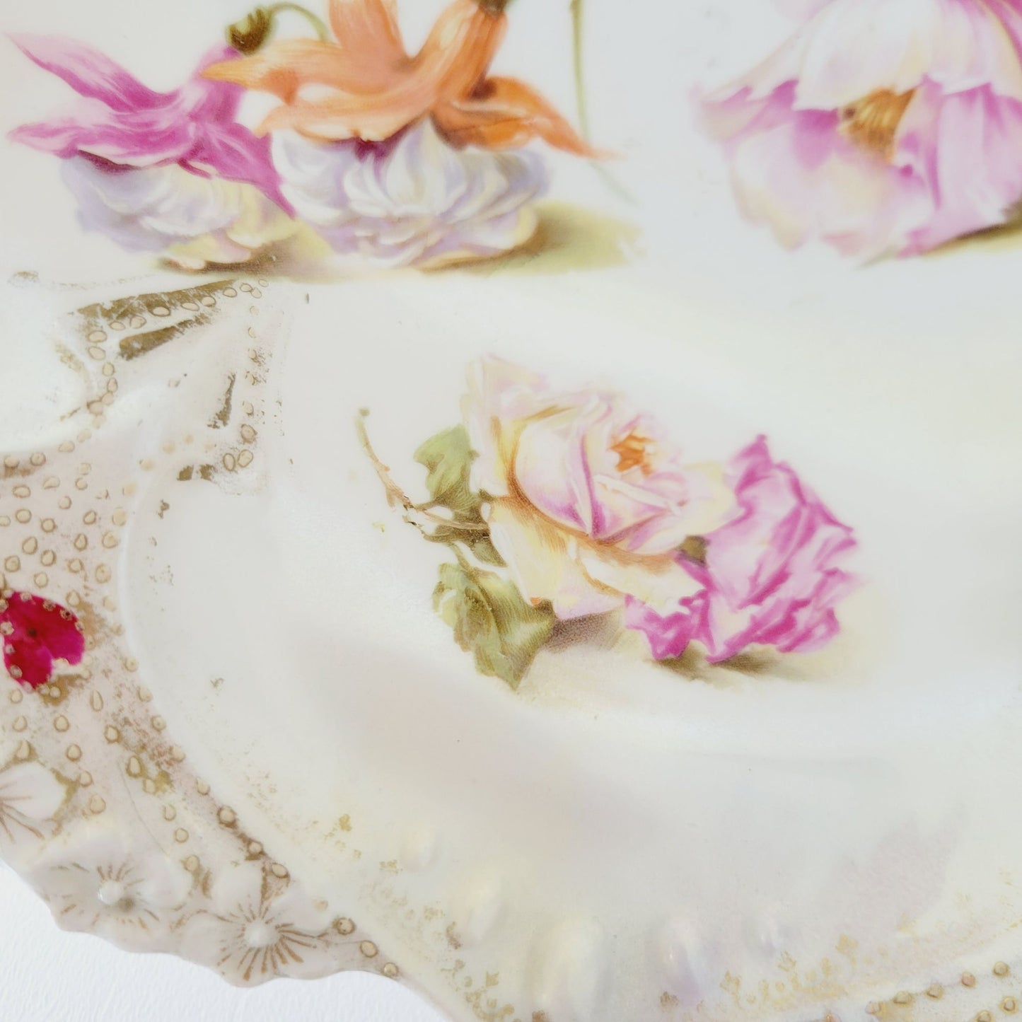 Antique White RS Prussia Floral Bowl with Satin Finish, Yellow Daffodils & Roses, Fuchsia and White Hydrangea