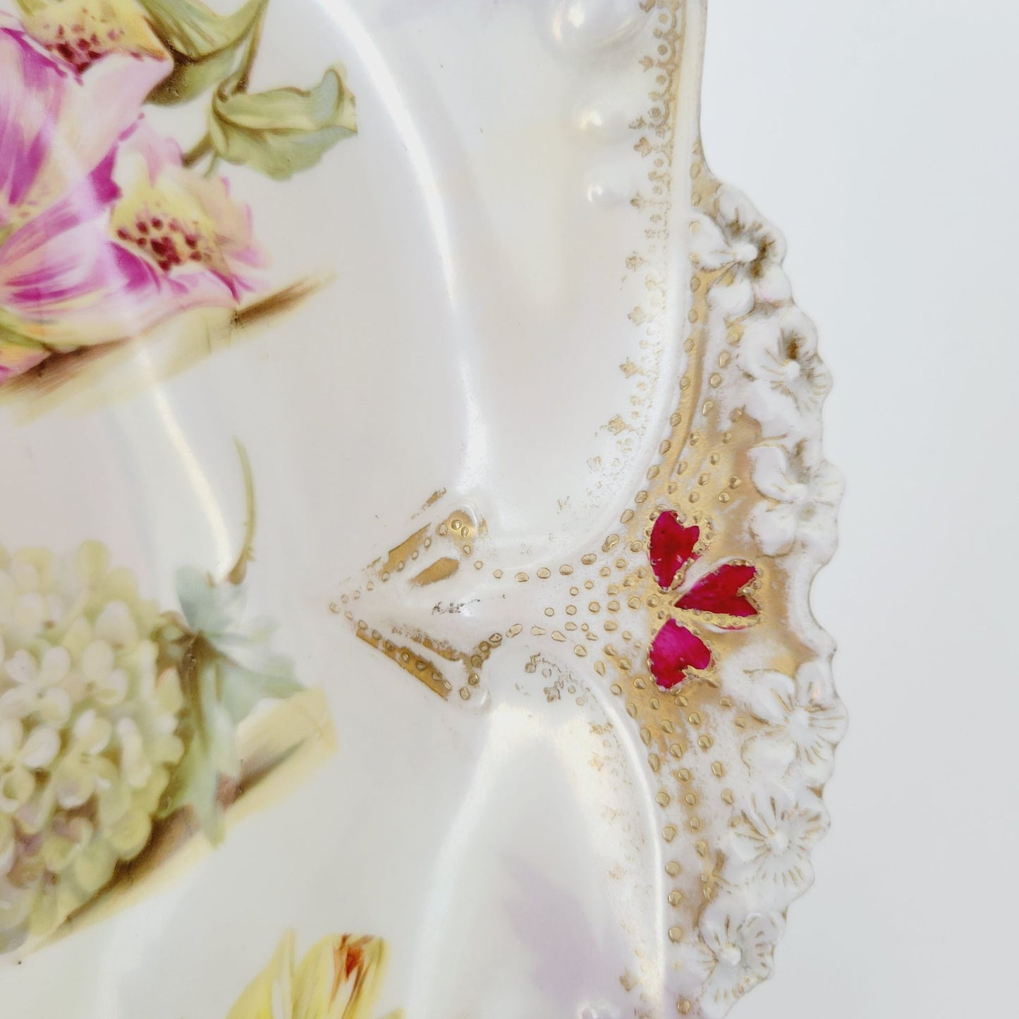 Antique White RS Prussia Floral Bowl with Satin Finish, Yellow Daffodils & Roses, Fuchsia and White Hydrangea