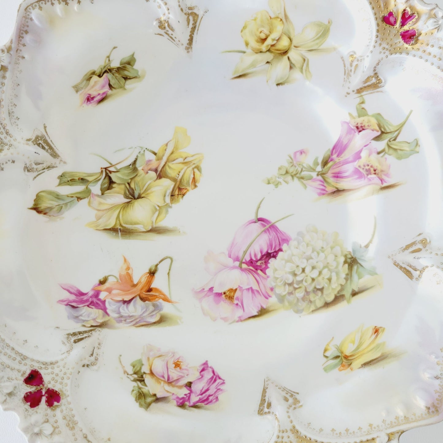 Antique White RS Prussia Floral Bowl with Satin Finish, Yellow Daffodils & Roses, Fuchsia and White Hydrangea
