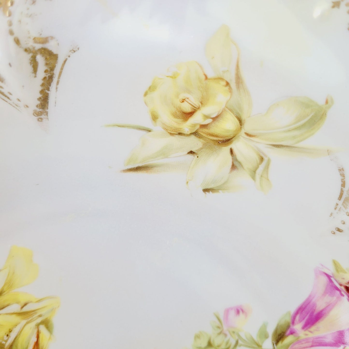 Antique White RS Prussia Floral Bowl with Satin Finish, Yellow Daffodils & Roses, Fuchsia and White Hydrangea