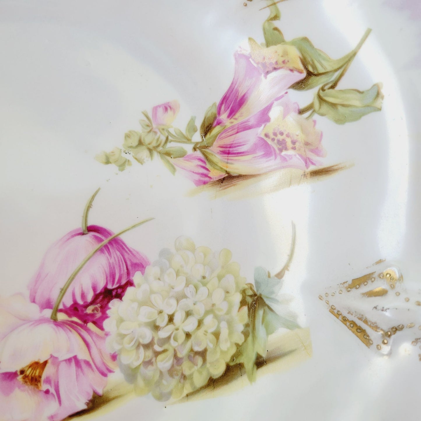Antique White RS Prussia Floral Bowl with Satin Finish, Yellow Daffodils & Roses, Fuchsia and White Hydrangea