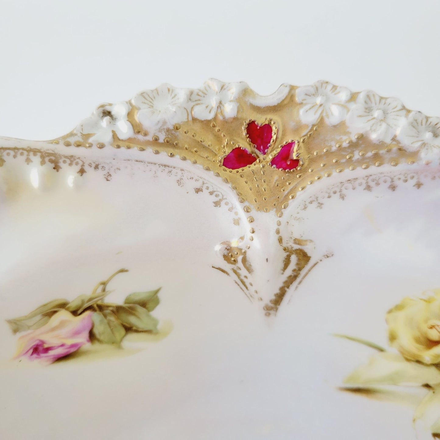 Antique White RS Prussia Floral Bowl with Satin Finish, Yellow Daffodils & Roses, Fuchsia and White Hydrangea