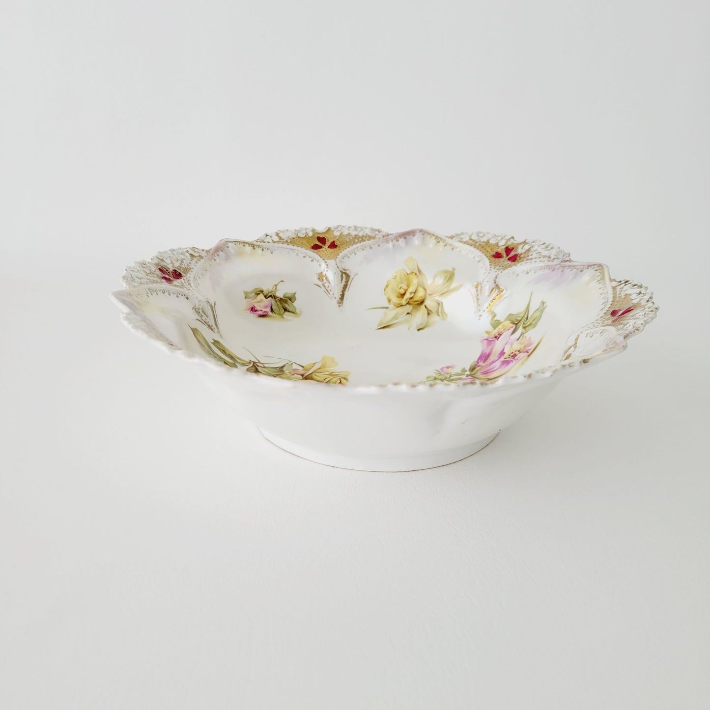 Antique White RS Prussia Floral Bowl with Satin Finish, Yellow Daffodils & Roses, Fuchsia and White Hydrangea