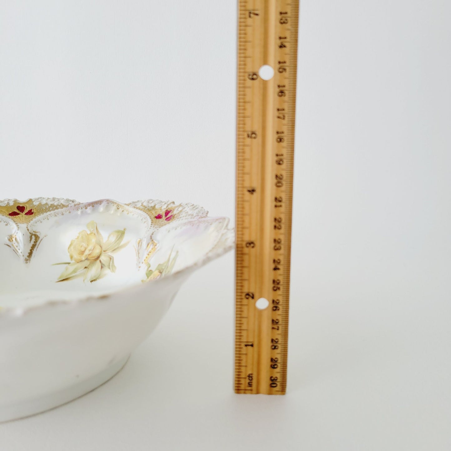 Antique White RS Prussia Floral Bowl with Satin Finish, Yellow Daffodils & Roses, Fuchsia and White Hydrangea