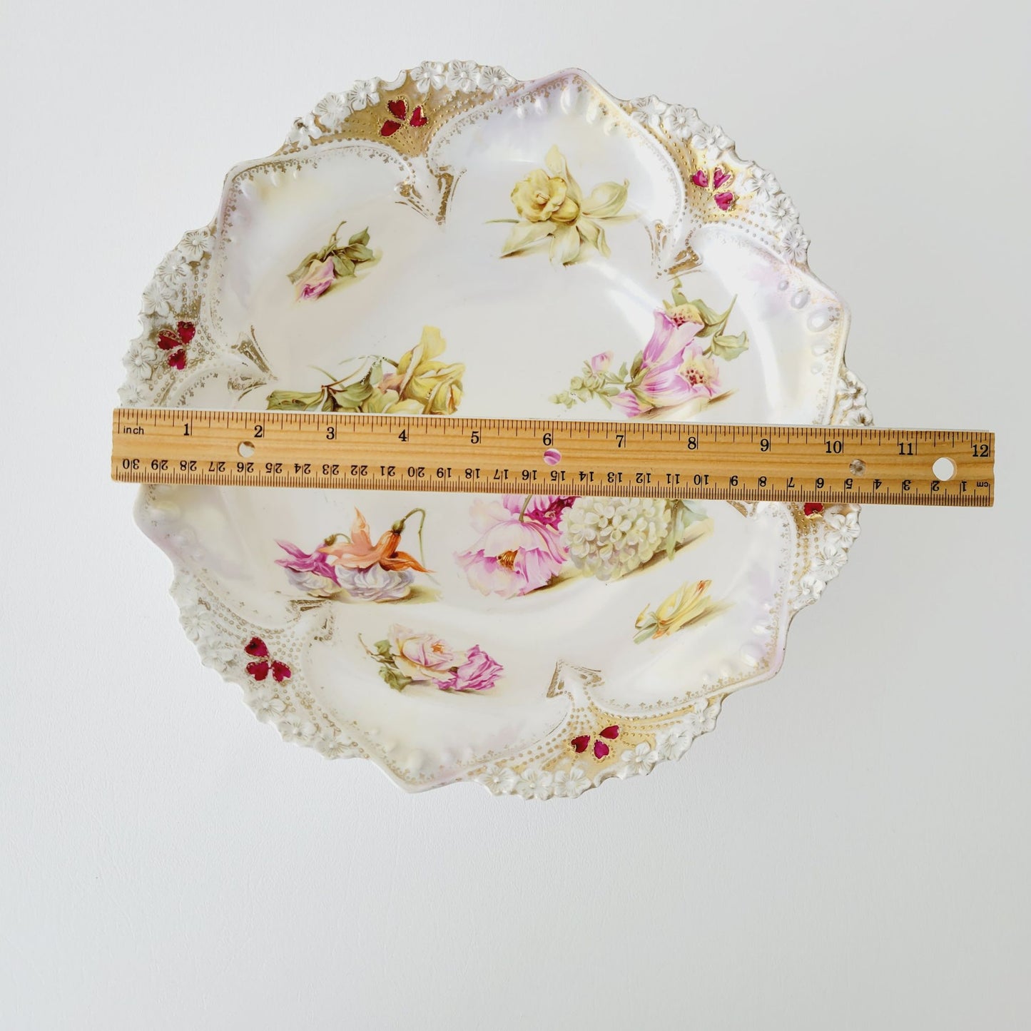 Antique White RS Prussia Floral Bowl with Satin Finish, Yellow Daffodils & Roses, Fuchsia and White Hydrangea