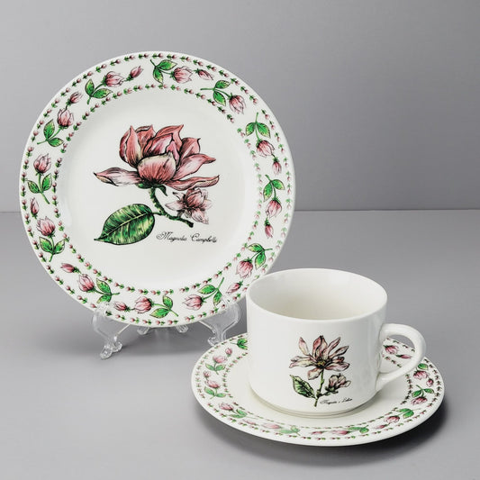 Botanical Gardens Magnolia Flower Cup, Saucer & Salad Plate Set, c1990s