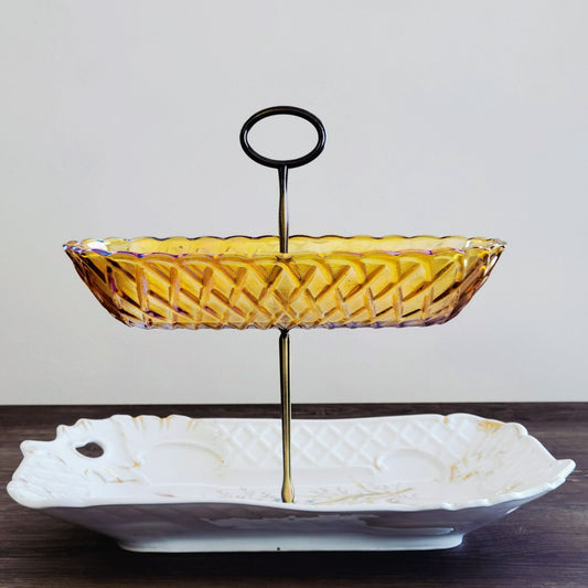 Unique Mismatched Tiered Dessert Stand, Carnival Glass & Floral Design