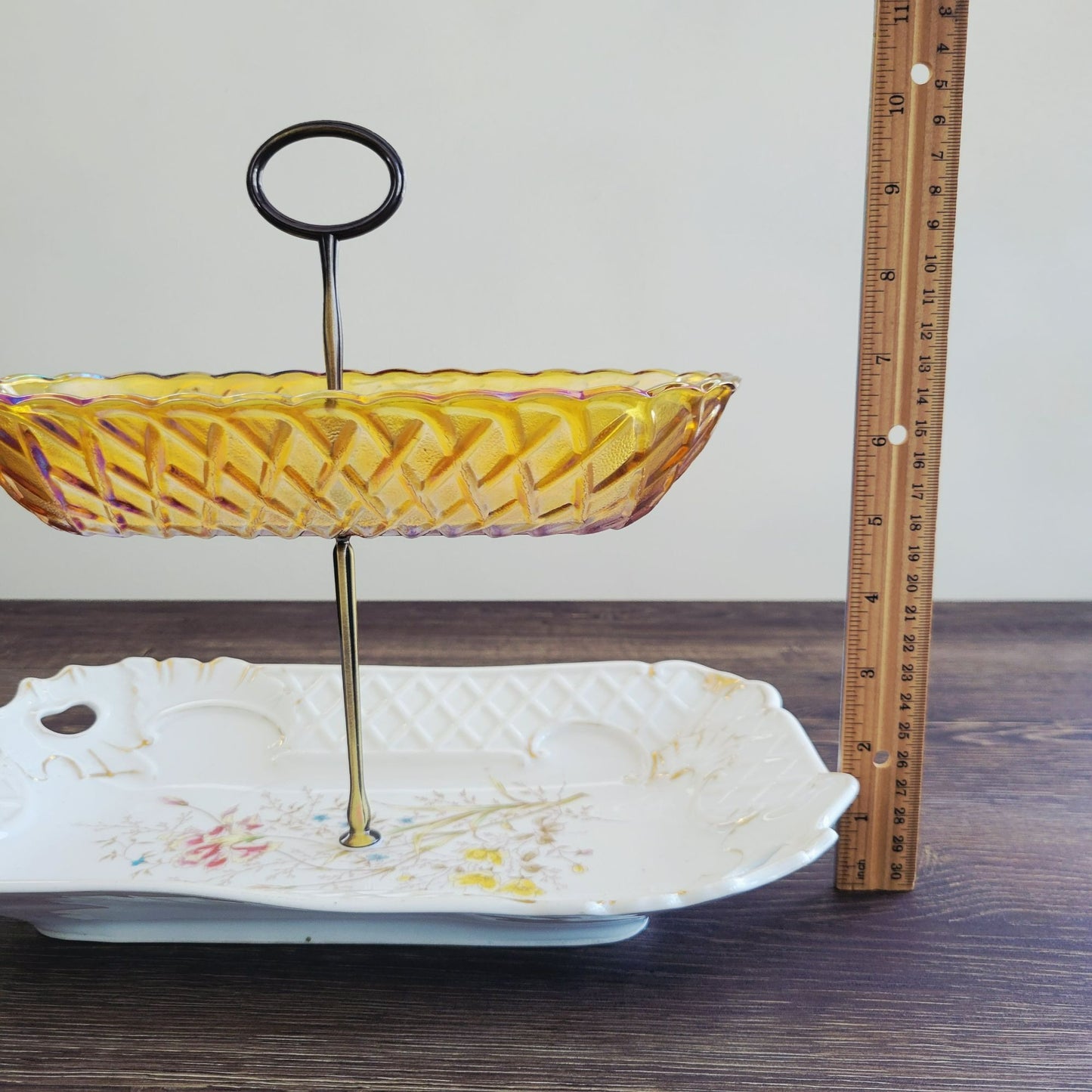 Unique Mismatched Tiered Dessert Stand, Carnival Glass & Floral Design