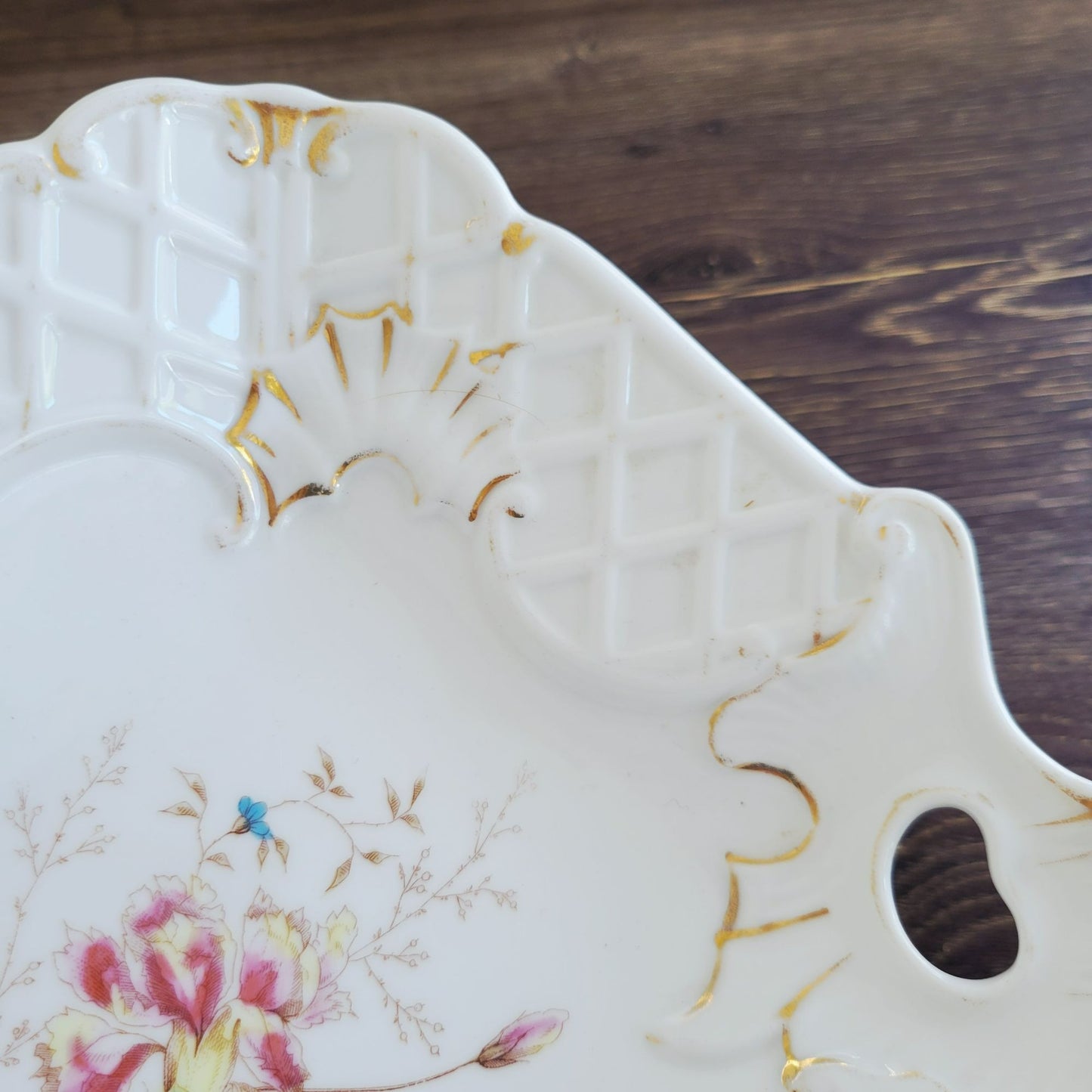 Unique Mismatched Tiered Dessert Stand, Carnival Glass & Floral Design